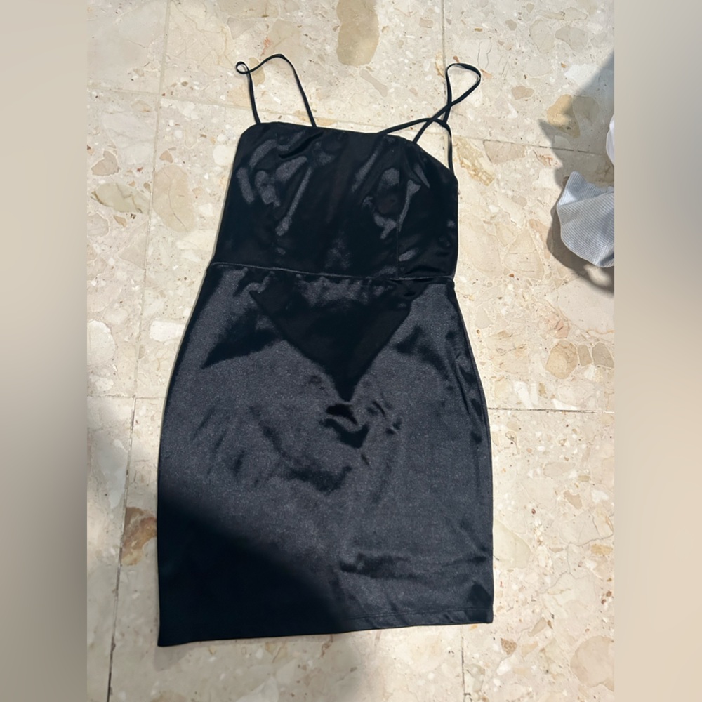 Blue blush black satin dress open back